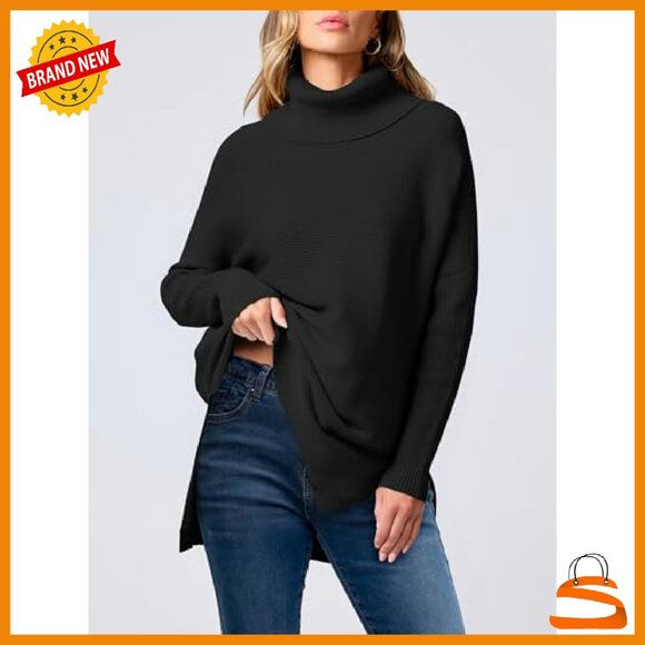 Oversized Turtleneck Batwing Sleeve Split Hem Knit Pullover Sweater - Picture 7 of 8